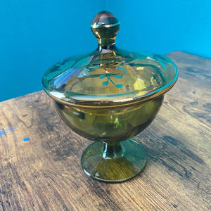Vintage Green and Amber Gold Floral Glass Pedestal Candy Dish
